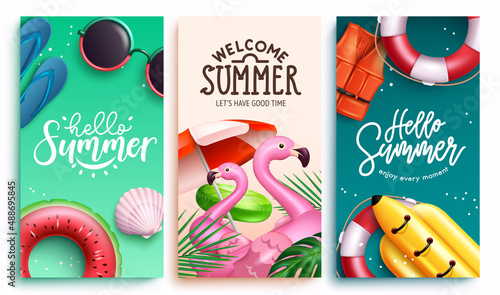 Summer vector poster set design. Summer season text with outdoor tropical season elements for sunny holiday collection. Vector illustration.
