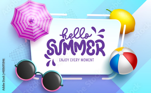 Summer vector template design. Hello summer text in pattern background with tropical season outdoor elements for holiday messages decoration. Vector illustration.
