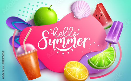 Summer vector template design. Hello summer typography text in abstract space with fruit slice and juice elements for tropical holiday messages. Vector illustration.
