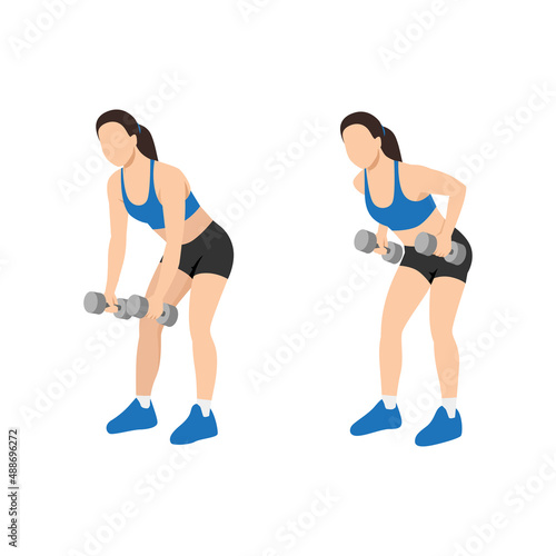 Woman doing Dumbbell bent over row exercise flat vector illustration isolated on white background