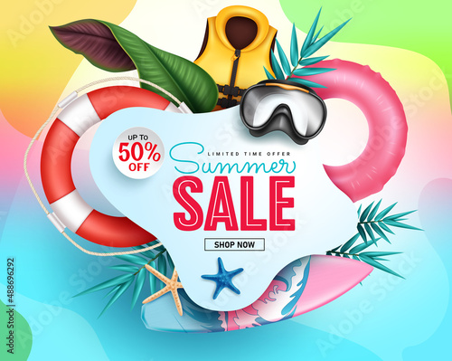 Summer sale vector banner design. Summer sale text up to 50% off with floaters and leaves elements for holiday seasonal shopping promotion ads. Vector illustration.
