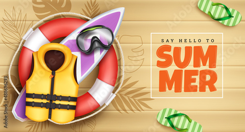 Summer vector design. Hello summer greeting text with lifebuoy, life jacket and goggles for tropical holiday season vacation. Vector illustration.

