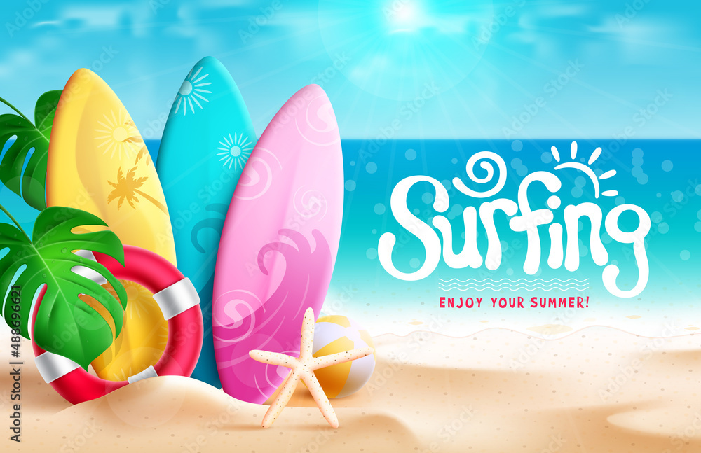 Summer surfing vector design. Surfing text in beach seashore background  with surfboards element for relax and enjoy summer vacation activity.  Vector illustration. Stock Vector | Adobe Stock