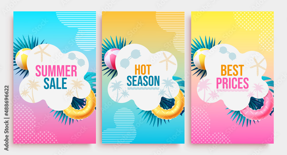 Summer sale vector poster set. Summer sale text with best prices discount offer in foliage design for hot season tropical promotion advertisement. Vector illustration.
