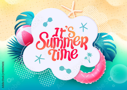 Summer beach vector template design. It's summer time text in white foliage space with leaves and seashore tropical elements for holiday season messages. Vector illustration.
