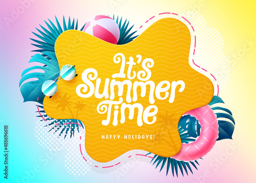 Summer time vector template design. It's summer time text in abstract foliage space with tropical elements of leaves for holiday season messages. Vector illustration.
 photo