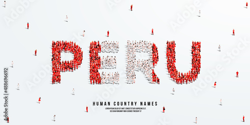 A large group of people stands, making up the word Peru. Peru flag made from people crowd. Vector illustration isolated on white background.
