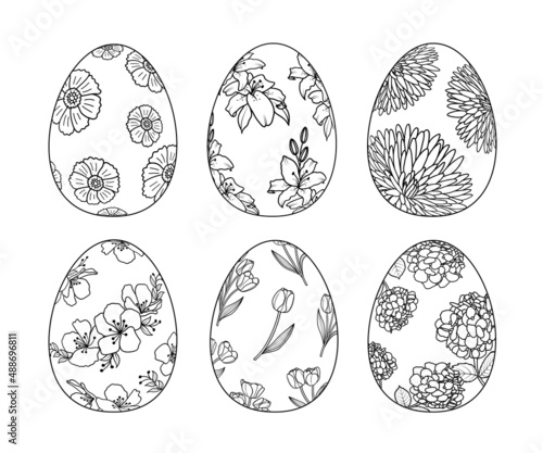 Set of outline easter egg with flower pattern. Happy easter day. Vector illustration