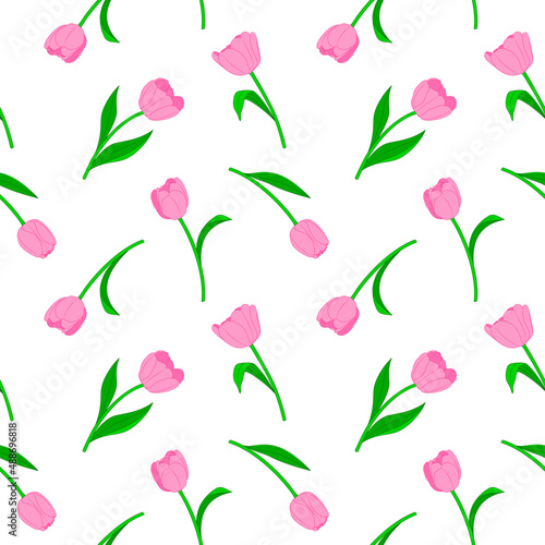 Pink tulip seamless pattern, vector illustration. Endless texture for easter and spring design, greeting card, fabrics, poster.