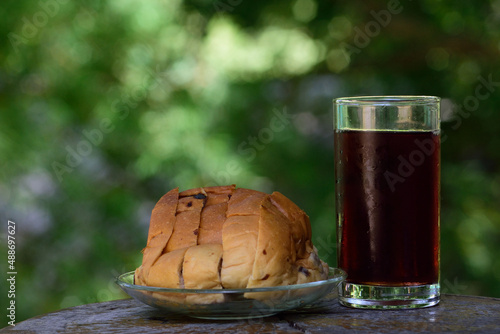 simple breakfast on dish and glasses