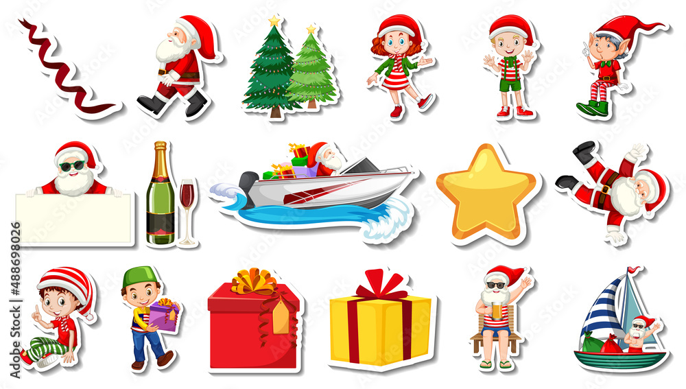 Fototapeta premium Set of Christmas objects and cartoon characters