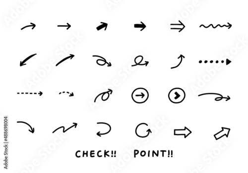 手書きの矢印アイコン　ベクター素材集　白黒　線画
