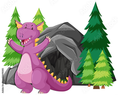 Happy dragon standing in front of cave
