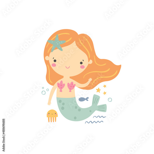 vector image of cute red hair mermaid