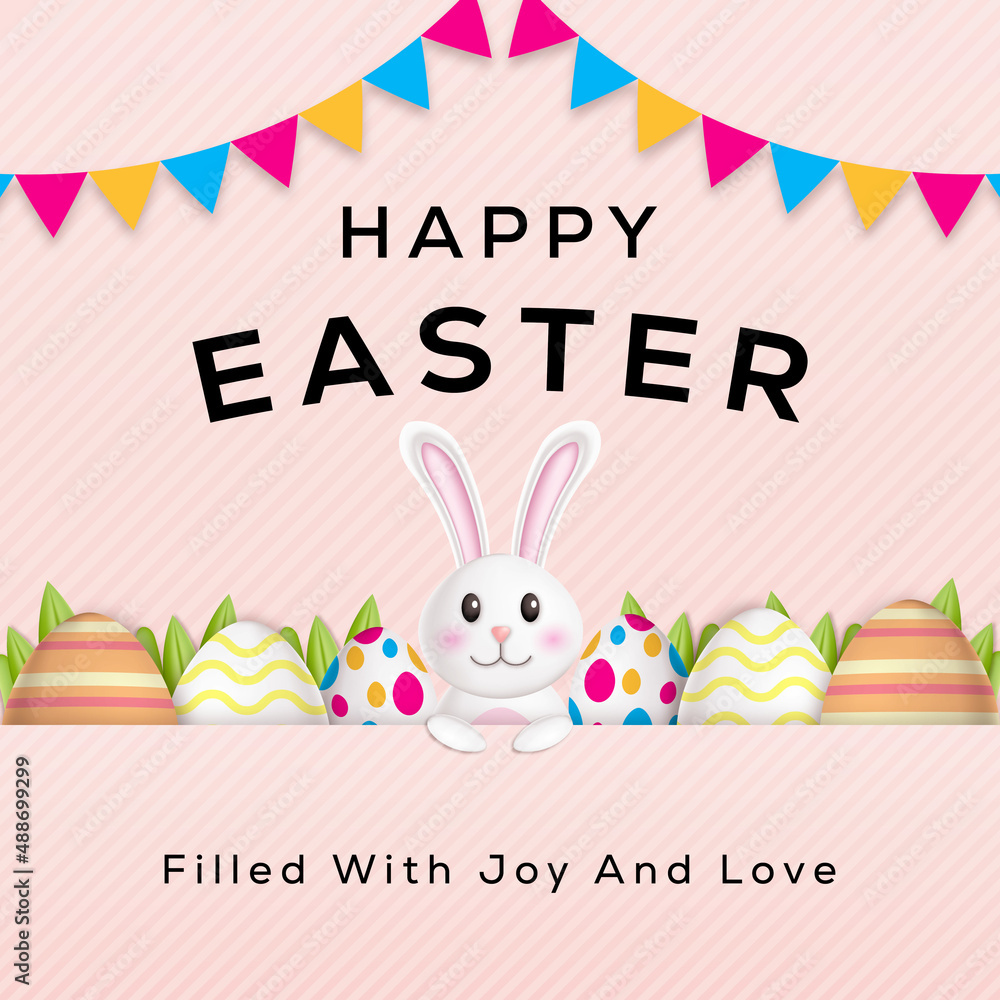 Fototapeta premium happy easter design 3d illustration with rabbit, eggs, and leaves