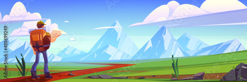 Hiker man on green meadow with path and white mountains on horizon. Vector cartoon illustration of summer landscape of valley with grass, rocks and tourist with map and backpack