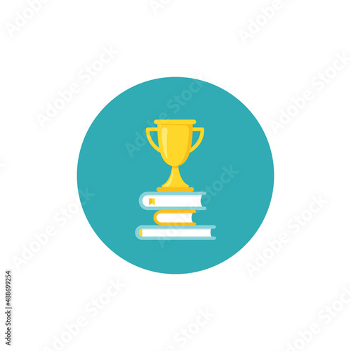 stack of books with gold trophy or winning cup isolated on blue. Flat reading horizontal background.