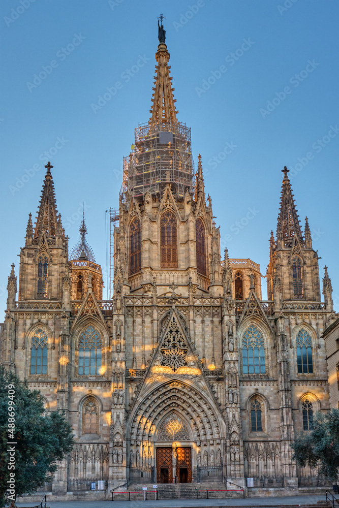 The gothic Cathedral of Barcelona early in the morning with no people