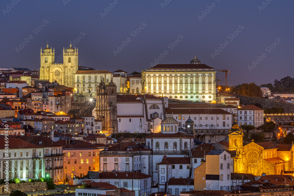 The beautiful old town of Porto with the cathedral and the Episcopal Palace at night