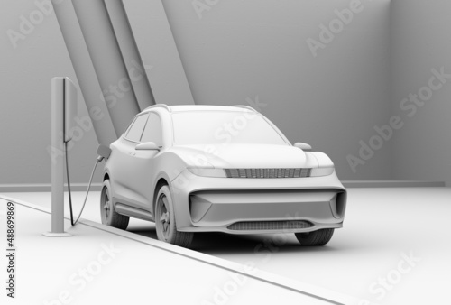 Clay model rendering pf generic Electric SUV charging at roadside charging station. 3D rendering image.  © chesky