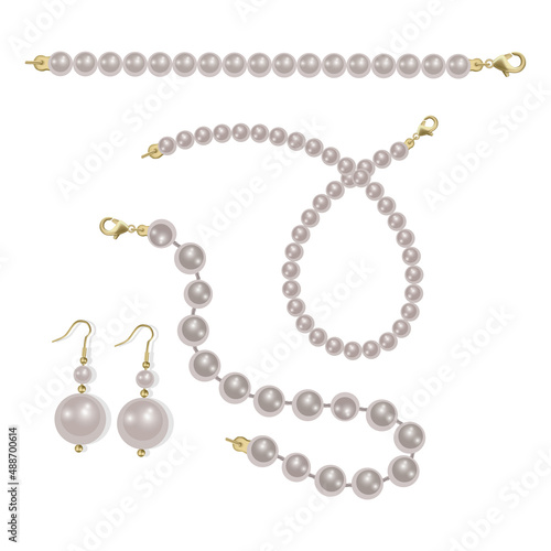 Realistic pearl bead chain. pearl necklace on white background