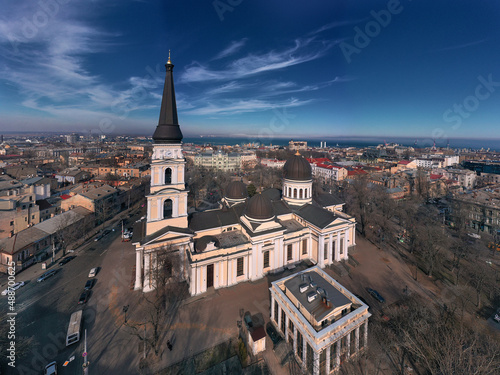 Winter urban panorama the city center with Orthodox Cathedral in Odessa, Ukraine. Drone footage, sun day. photo