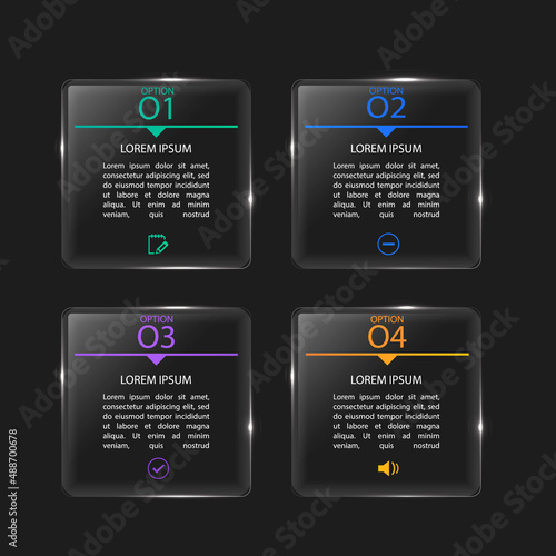 Glass plate. Realistic vector glass banner with shiny lights for infographics, business design, step presentation