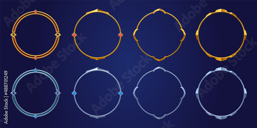 Empty circle silver and gold frames in medieval style for game ui design. Vector cartoon set of user interface elements with metal border with gems isolated on background
