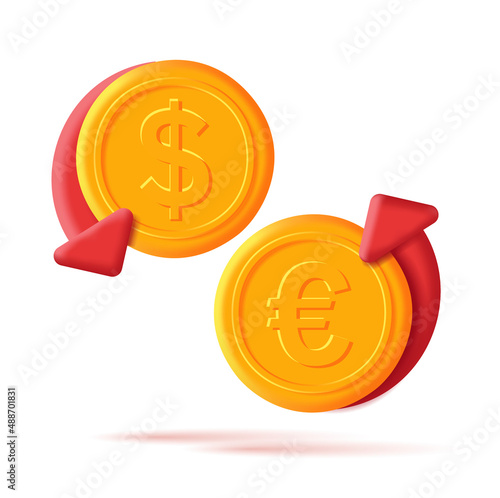 Currency coins with red arrows up adn down, euro and dollar money change rate 3d render icons