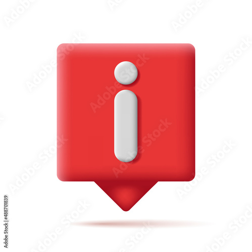 Information tooltip icon, red 3d soft render shape with pointer and i icon