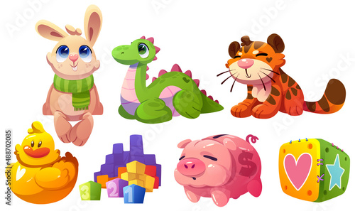 Kids toys funny plush soft tiger, bunny and dinosaur with piggy bank, constructor blocks, rubber duck and cube. Cute animals, stuffed dolls for child playing, isolated Cartoon vector illustration, set