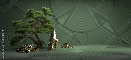 bonsai tree and gold stone on a green background. 3d rendering