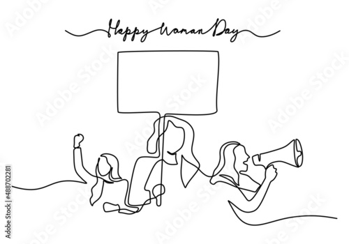 One continuous single line of happy woman day with demonstration or campaign isolated on white background.