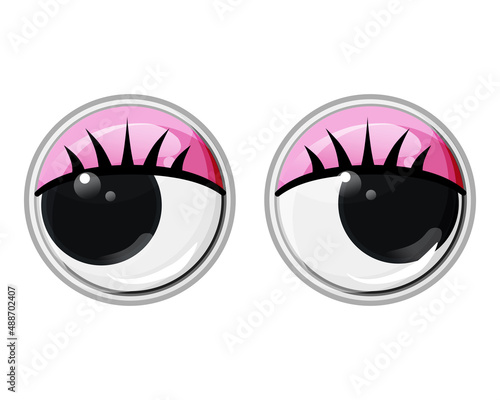 Funny plastic toy eyes with eyelashes and pink eyelids. Animate. Vector cartoon illustration on an isolated white background