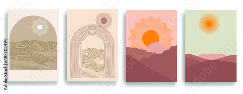 Poster with mountain landscape  . Trendy brochure . Vector illustration .