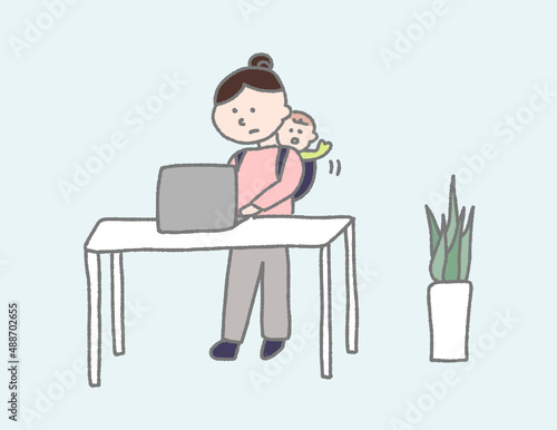 テレワーク,地域移住,ストレス,女性,デスクワーク,悩み,仕事,ワーキングマザー,子育て,赤ちゃん,ママ,働くママ,在宅勤務,オフィスワーク,作業,腕組み,リモートワーク,会議,オンライン,ミーティング,ウェブデザイナー,初心者,イラスト,ベクター,家,自宅,椅子,ビジネス,ノートパソコン