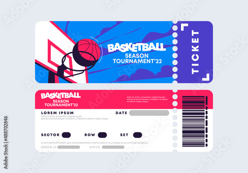 vector illustration of an entrance ticket to a basketball match with a basketball ball with a basketball ring on a sky background with clouds