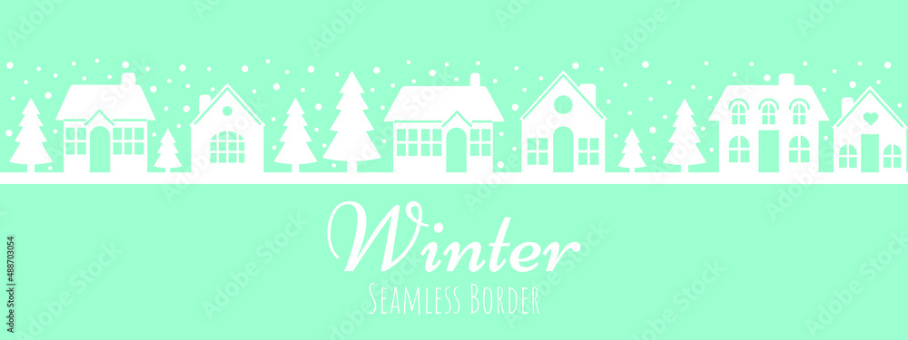 Winter seamless border. City, houses, Christmas trees, snow. New Year symbols.Trendy retro style. Vector design template. Christmas and Happy New Year