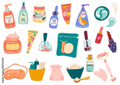 Set of different cosmetics. Organic cosmetics and makeup items in bottles, tubes and jars. Body, hair and skin care products. Hand Drawn Cartoon Vector illustration isolated on white background