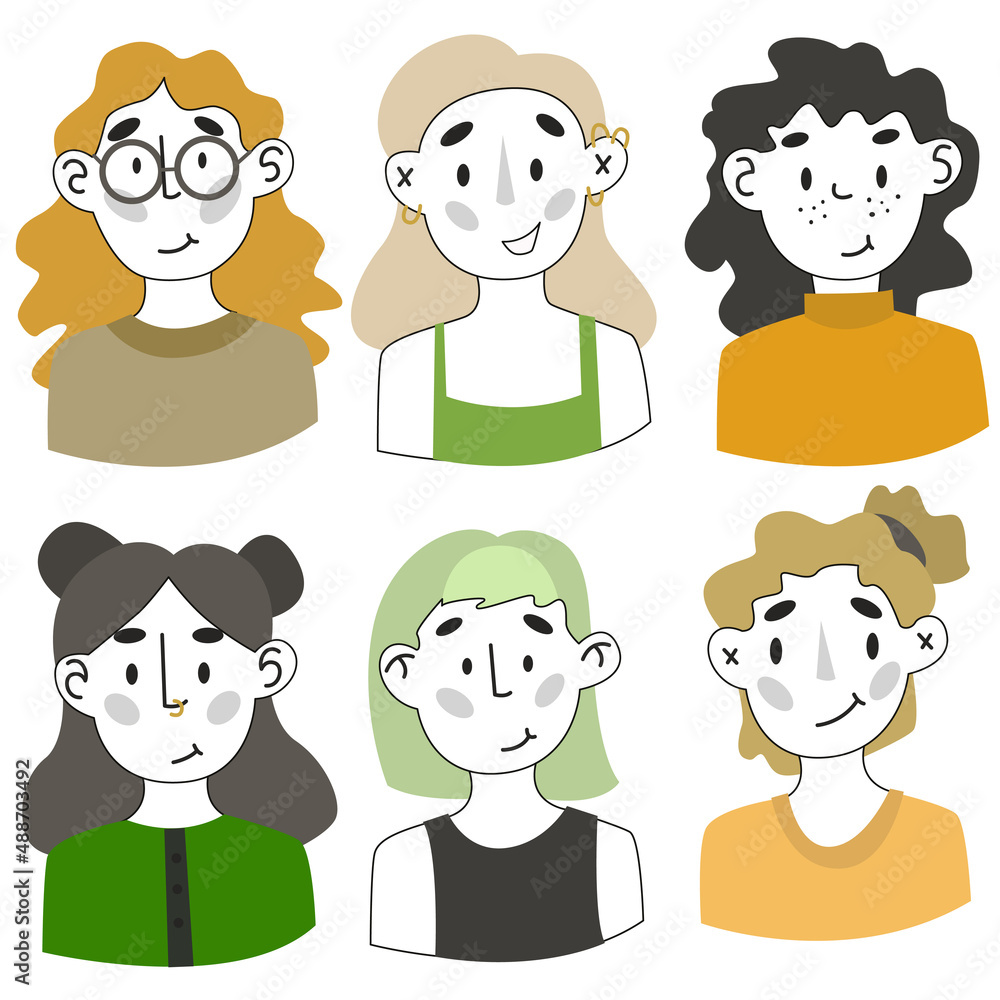 Group of diverse young women. People with various nationality and hairstyle. Collection of vector portraits. Society or population, social diversity. Cartoon characters. Vector illustration. Group of diverse young women. People with various nationality and hairstyle. Collection of vector portraits. Society or population, social diversity. Cartoon characters. Vector illustration.