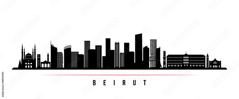 Naklejka premium Beirut skyline horizontal banner. Black and white silhouette of Beirut, Lebanon. Vector template for your design.