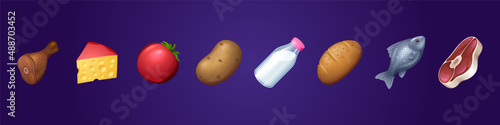 Food icons ham, cheese, tomato, potato and milk bottle, bread, fish and meat steak. Isolated 3d grocery objects, vegetables, farm products, fresh supermarket goods design elements, Cartoon vector set