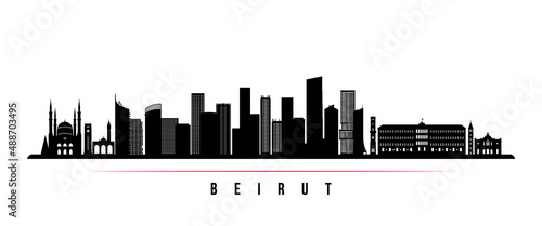 Beirut skyline horizontal banner. Black and white silhouette of Beirut  Lebanon. Vector template for your design.