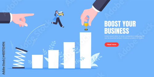 Business mentor helps to improve career with springboard vector illustration. Business person jumps above career ladder graph. Success growth, motivation opportunity, boost career concept.