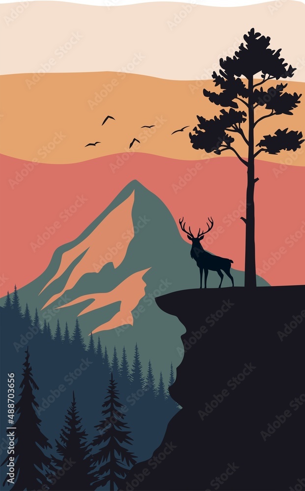 landscape with trees and mountains silhouette deer landscape with trees and mountains silhouette deer