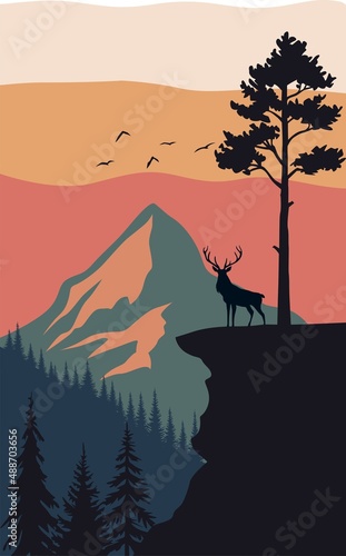 landscape with trees and mountains silhouette deer