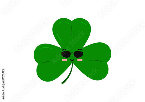 Cute irish shamrock clover in sunglasses character isolated on white background. Green good luck clover tree leaf plant kawaii mascot. Flat design cartoon style vector illustration.