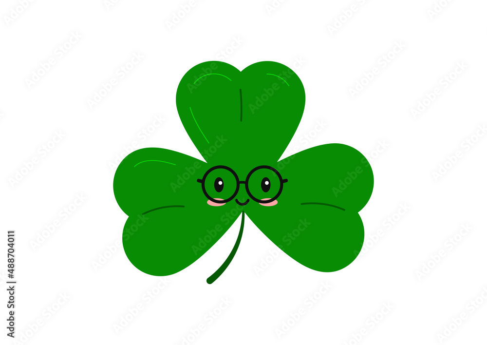 Cute clever shamrock clover in eye glasses irish character isolated on white background. Green good luck clover tree leaf plant kawaii mascot. Flat design cartoon style vector illustration.
