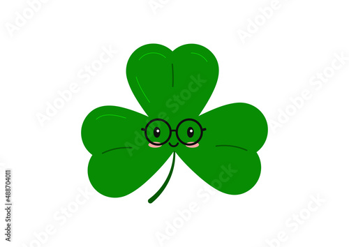 Cute clever shamrock clover in eye glasses irish character isolated on white background. Green good luck clover tree leaf plant kawaii mascot. Flat design cartoon style vector illustration.