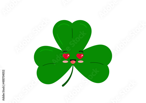 Cute irish shamrock clover in love character isolated on white background. Green good luck clover tree leaf plant kawaii mascot with heart eyes. Flat design cartoon style vector illustration.